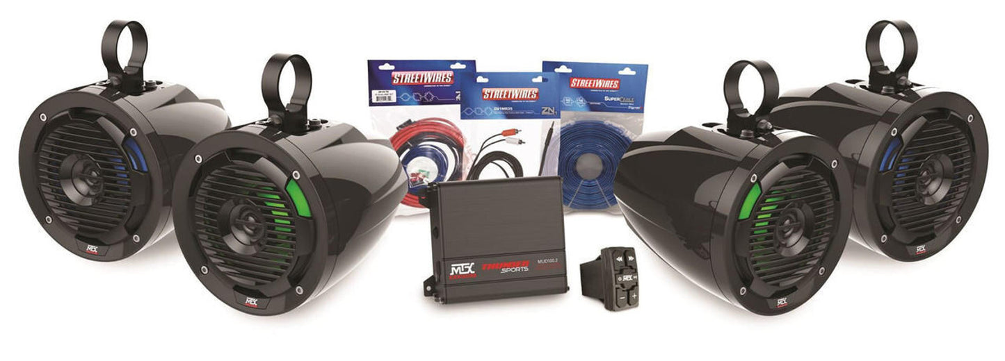 MTX AUDIO UNIVERSAL BLUETOOTH SWITCH AUDIO W/ AMP AND 4 ROLL CAGE SPEAKER PACKAGE