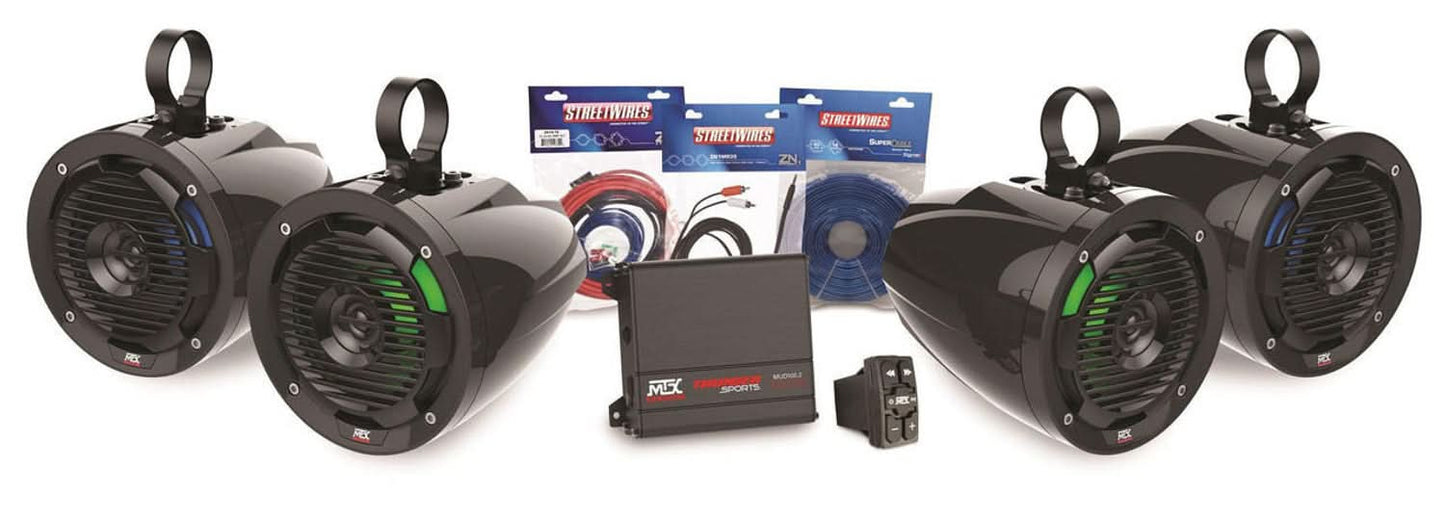 MTX AUDIO UNIVERSAL BLUETOOTH SWITCH AUDIO W/ AMP AND 4 ROLL CAGE SPEAKER PACKAGE