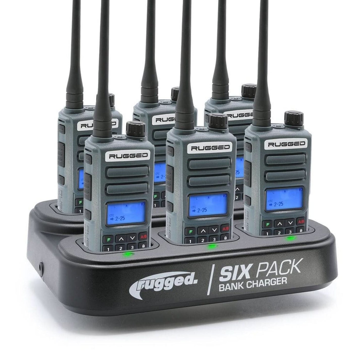 RUGGED RADIOS GMRS HANDHELD RADIO AND 6-PACK BANK CHARGER BUNDLE