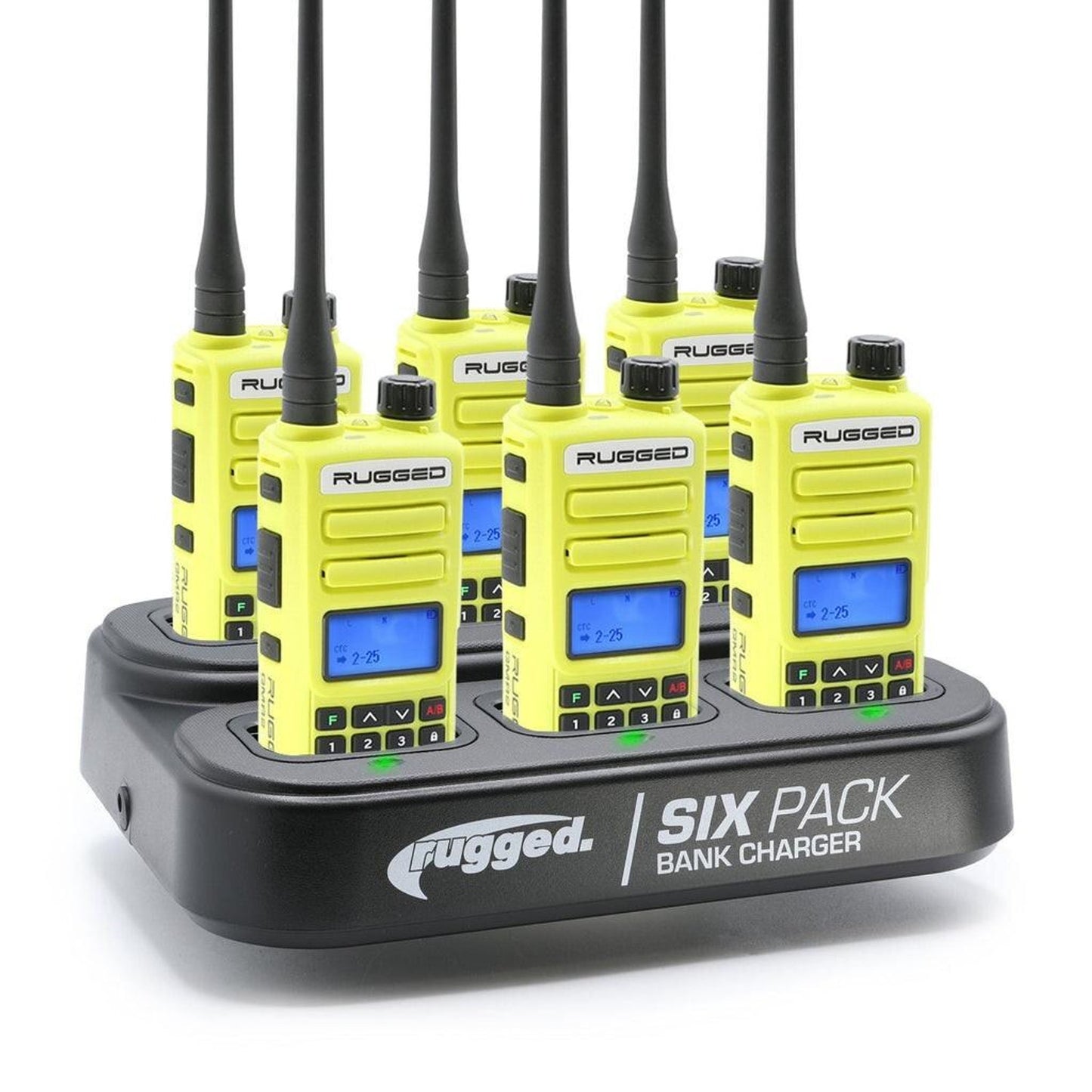 RUGGED RADIOS GMRS HANDHELD RADIO AND 6-PACK BANK CHARGER BUNDLE