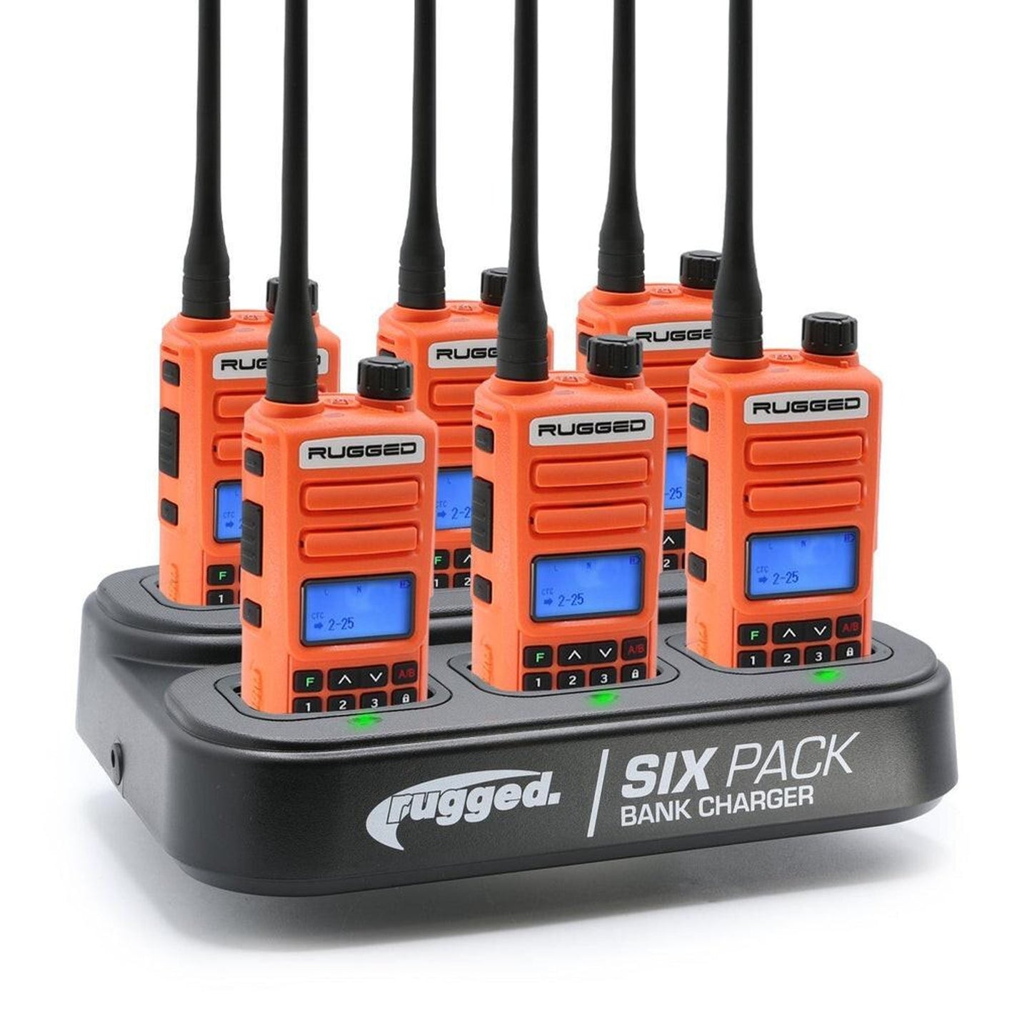 RUGGED RADIOS GMRS HANDHELD RADIO AND 6-PACK BANK CHARGER BUNDLE