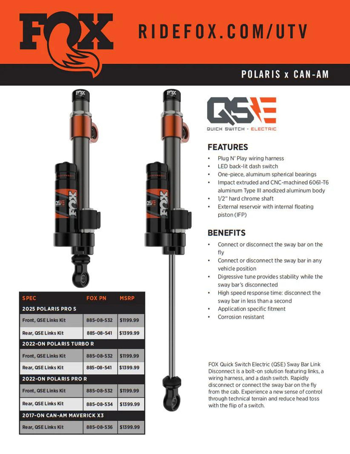 SHOCK THERAPY FOX QSE ELECTRIC SWAY BAR LINK DISCONNECT