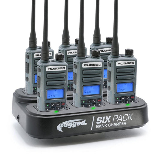 RUGGED RADIOS GMRS HANDHELD RADIO AND 6-PACK BANK CHARGER BUNDLE
