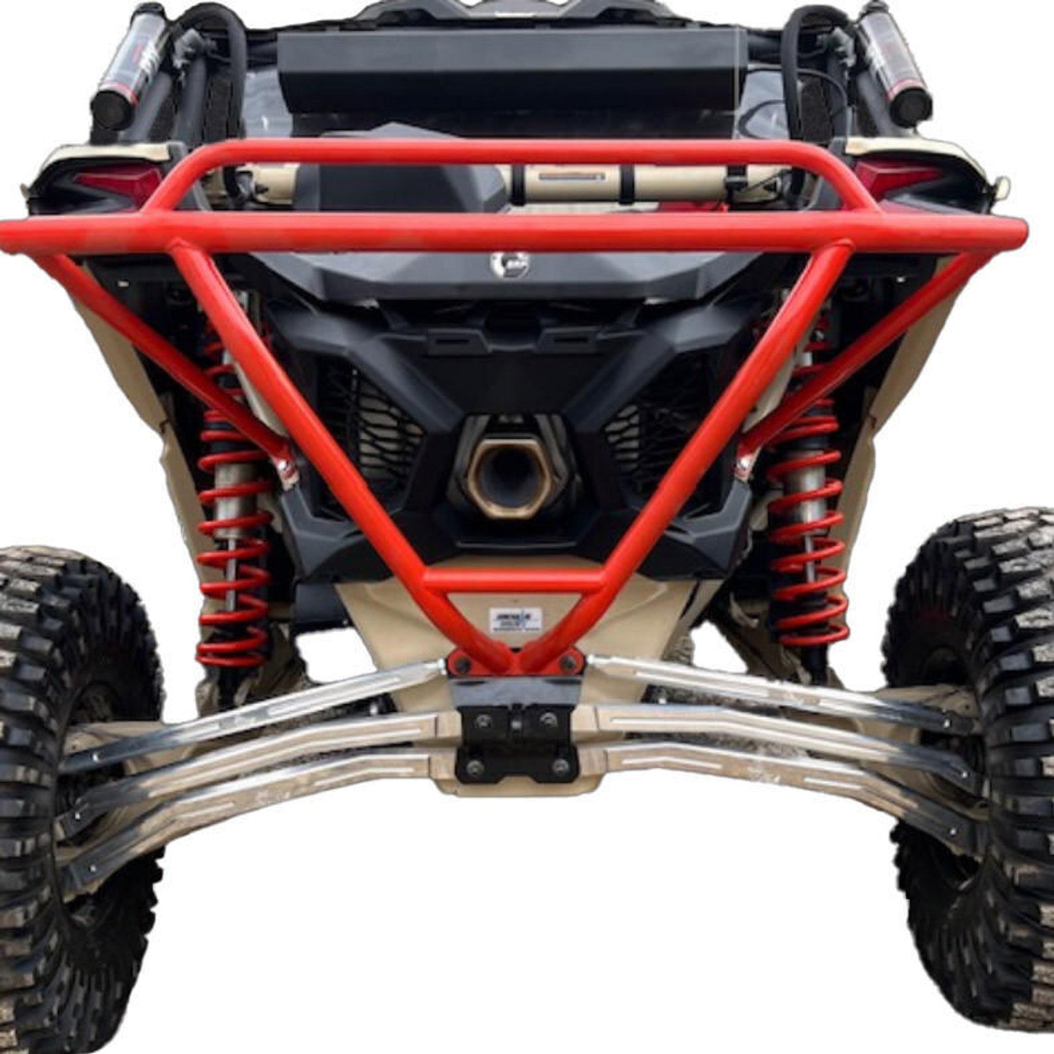 Can-Am Maverick X3 rear view with L&W Fab adjustable radius rods and red suspension components.