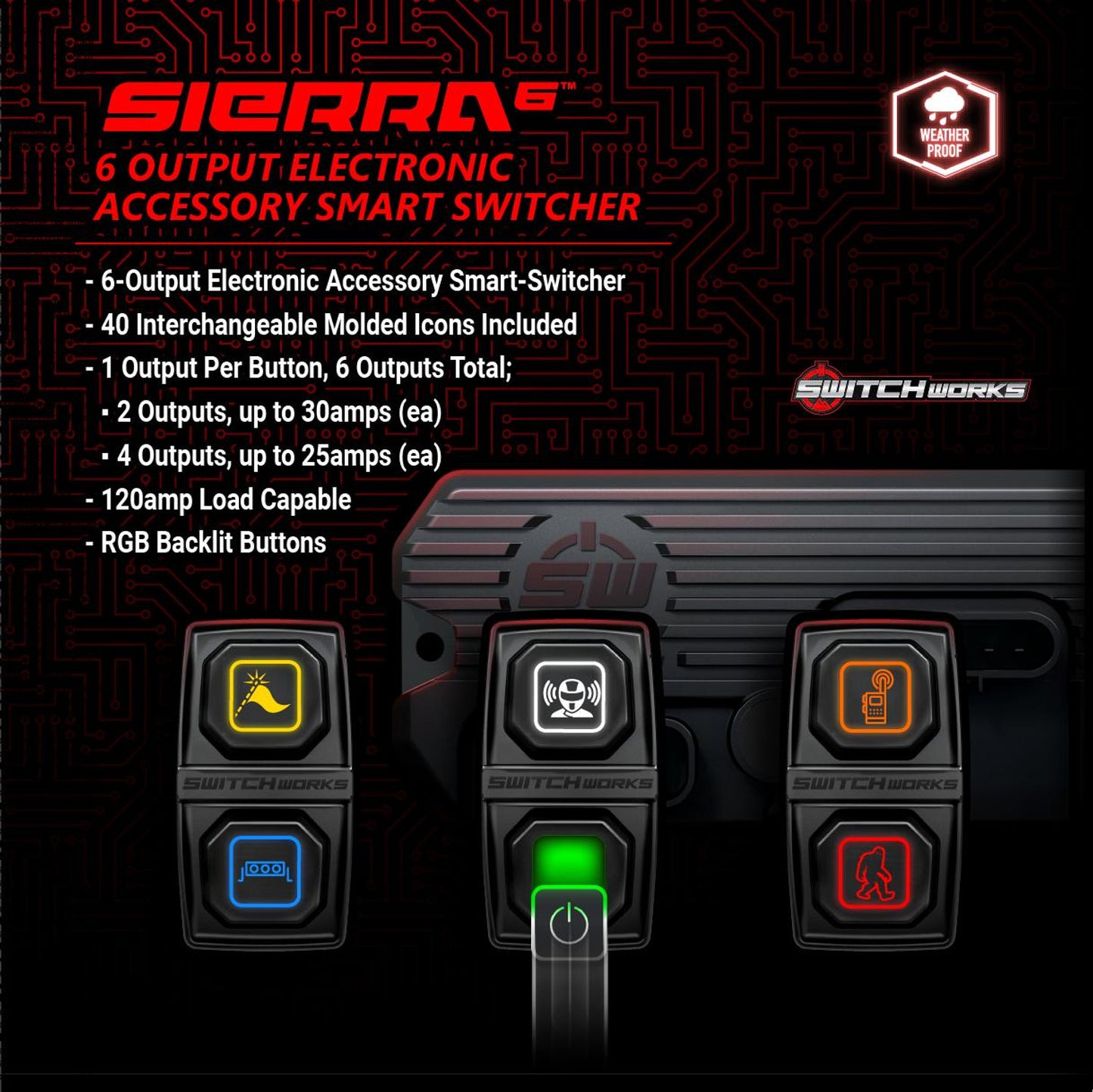 SWITCH WORKS SIERRA6, 6-SWITCH, 3-ROCKER ELECTRONIC ACCESSORY UNIVERSAL SMART SWITCHER BY SSV WORKS