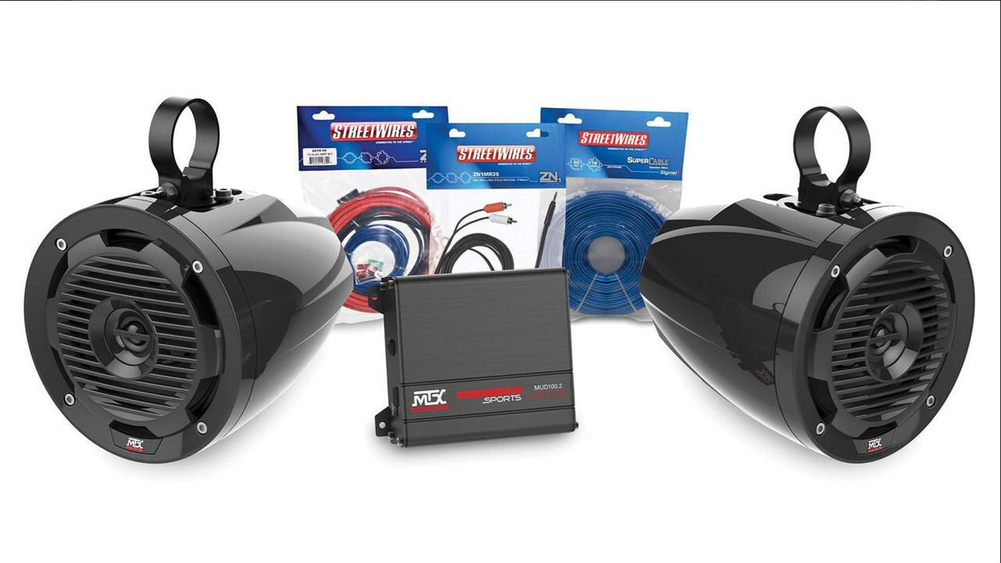 MTX AUDIO UNIVERSAL BLUETOOTH SWITCH AUDIO W/ AMP AND 4 ROLL CAGE SPEAKER PACKAGE