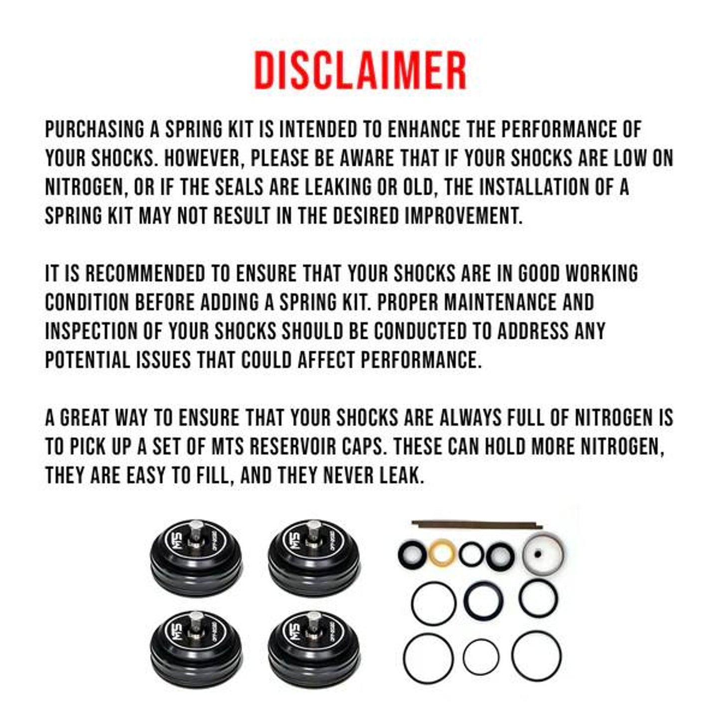Disclaimer about using MTS Offroad Spring Kit to enhance shock performance with maintenance recommendations.