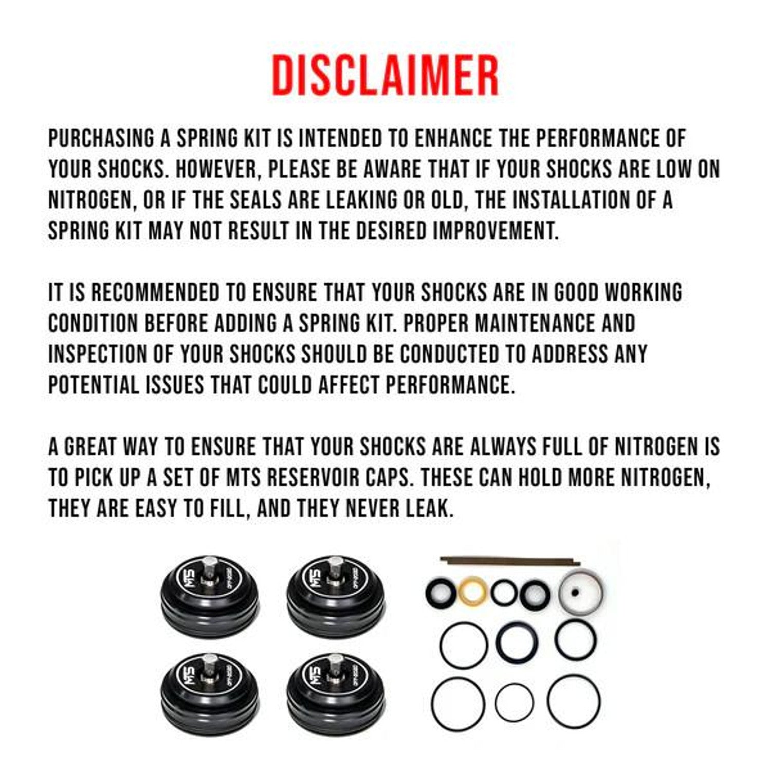 Disclaimer about using MTS Offroad Spring Kit to enhance shock performance with maintenance recommendations.