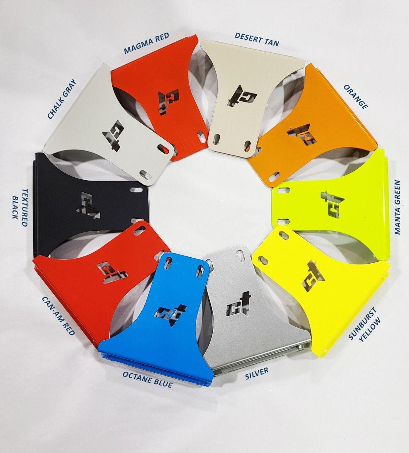Variety of color options for CT Race Worx Can-Am Maverick X3 Gusset and Shock Mount Kit including gray, red, tan, orange, green, yellow, blue, and silver.