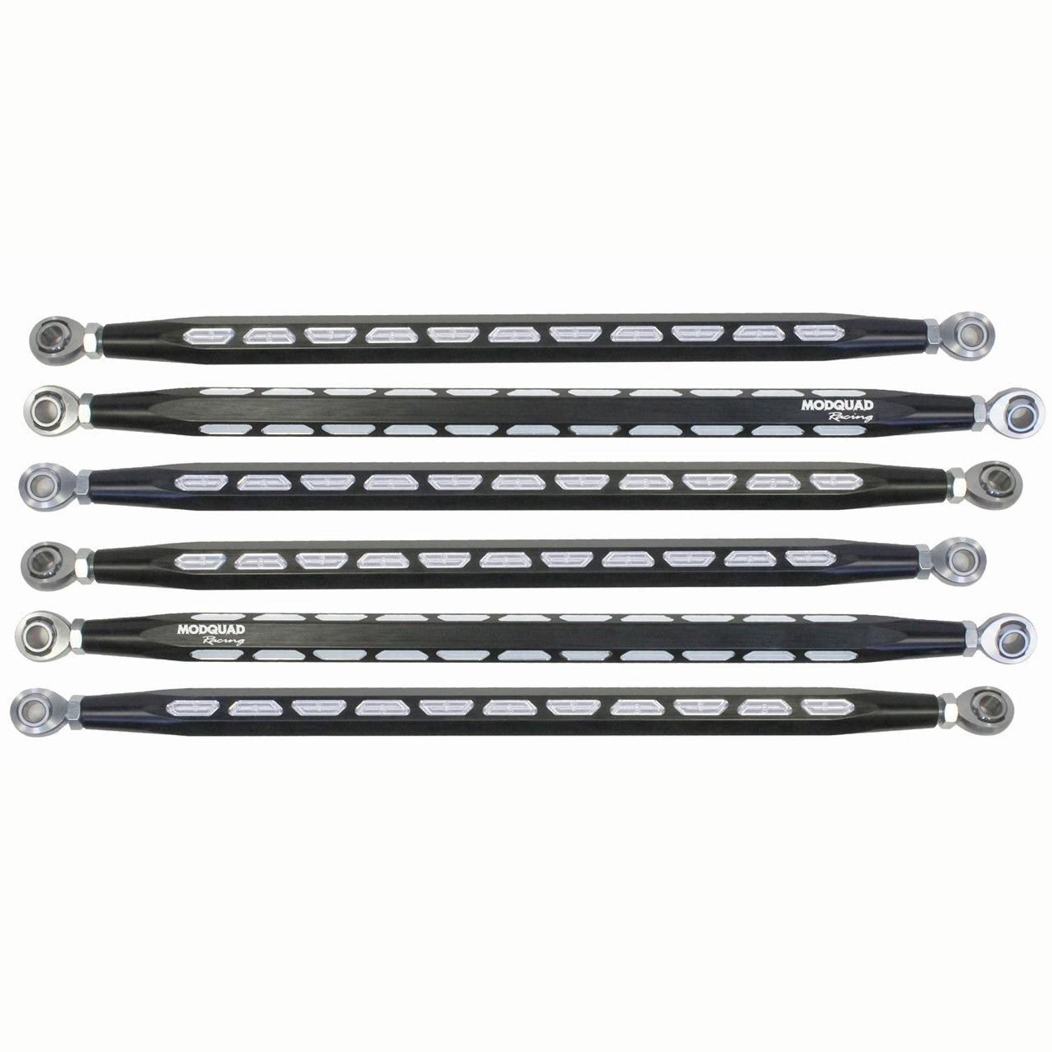 Set of 6 ModQuad Racing Can-Am Maverick X3 hex rear radius rods in black and silver finish.