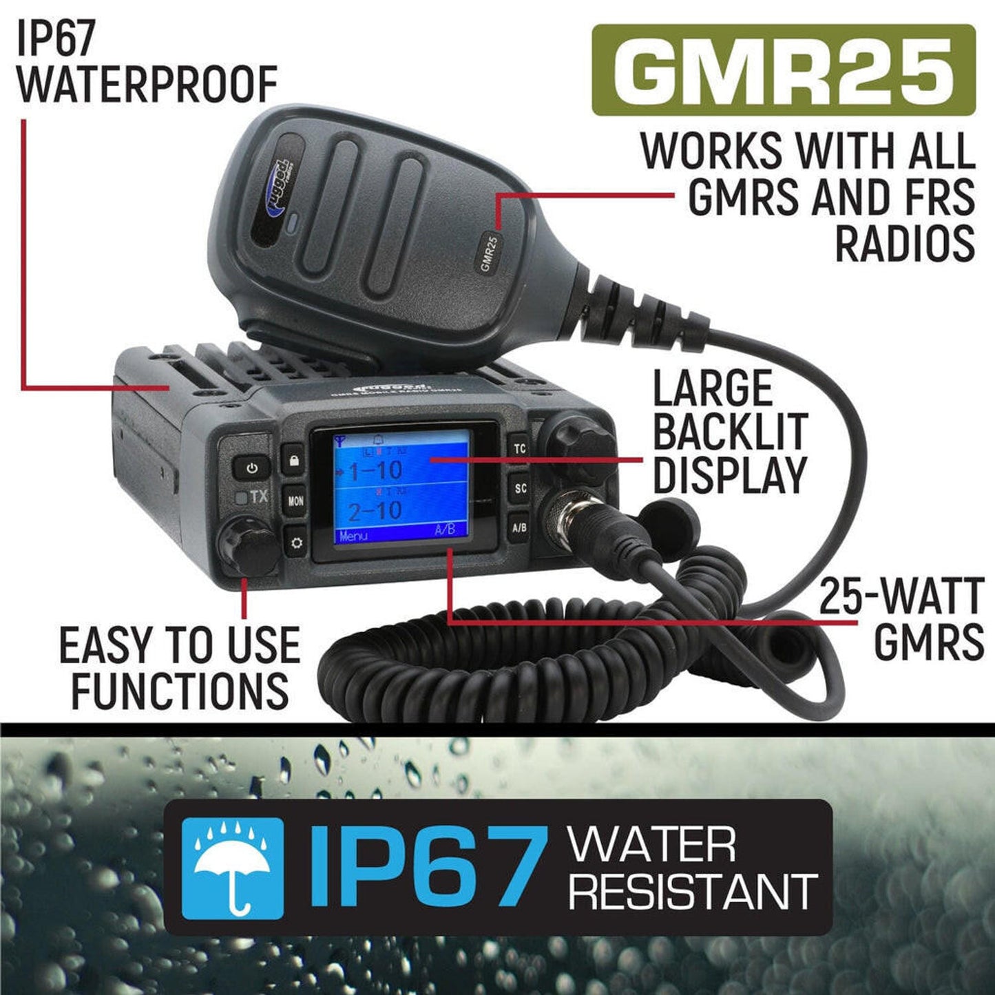 RUGGED RADIOS ADVENTURE RADIO KIT GMR25 WATERPROOF GMRS MOBILE RADIO KIT AND EXTERNAL SPEAKER
