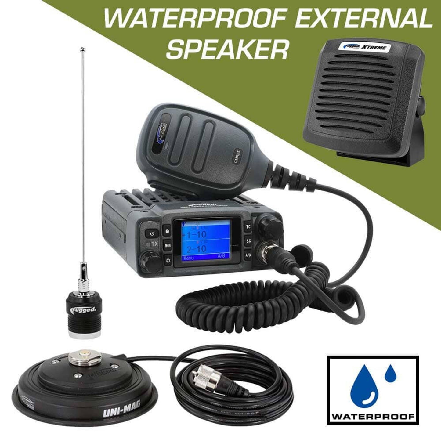 RUGGED RADIOS ADVENTURE RADIO KIT GMR25 WATERPROOF GMRS MOBILE RADIO KIT AND EXTERNAL SPEAKER